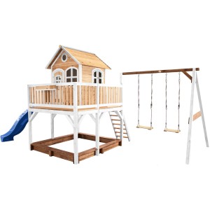 Axi Liam Spielhaus mit Doppelschaukel, braun-weiß mit blauer Rutsche und Sandkasten.