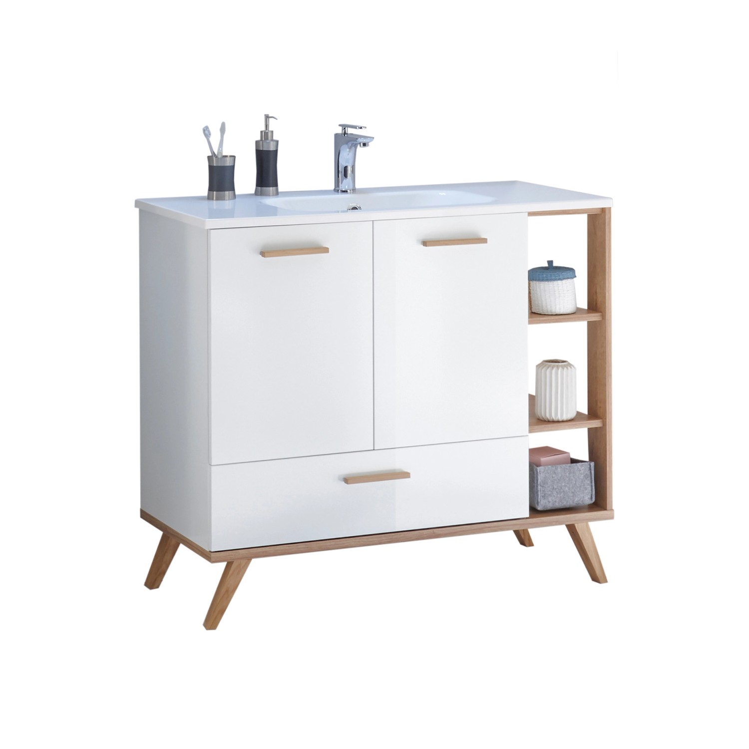 Pelipal Badmöbel-Set Quickset 923, 6-teilig, Weiß/Riviera Eiche mit Spiegelschrank.