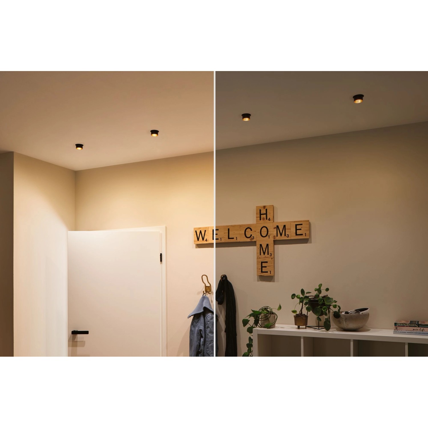 LED Einbauleuchten-Set Gil Coin, 3er, schwarz matt/gold, warmweißes Licht in zwei Räumen.