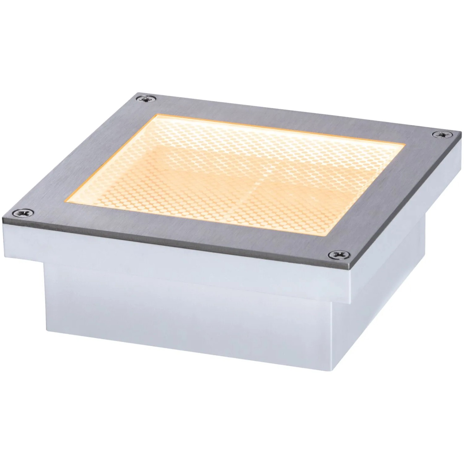 Quadratischer Paulmann LED Bodeneinbaustrahler Brick mit Edelstahlrahmen und warmweißem Licht.