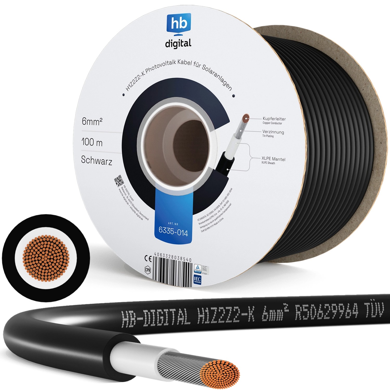 hb-digital Solarkabel 6 mm² PV Kabel für Solar Anlagen 100m schwarz