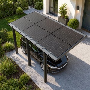 Ximax Solarcarport Linea, schwarz, mit Solarmodulen über einem Auto. Modernes Aluminium-Design für Fahrzeugschutz.