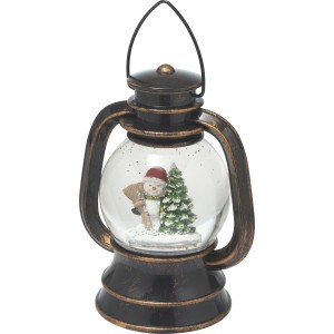 Beleuchtete Schneekugel-Laterne in Bronze mit Schneemann und Tannenbaum, Weihnachtsdekoration.