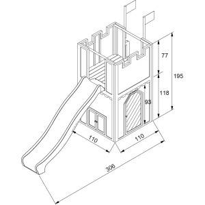 Axi Arthur Spielhaus mit Rutsche, Braun-Rot, 110x319x195cm, Detailzeichnung mit Maßen.