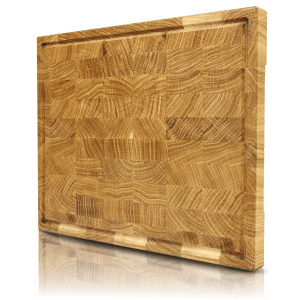 Holz4home Premium Schneidebrett aus Eichen-Stirnholz, Maserung sichtbar.