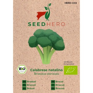 Seedhero BIO Brokkoli Calabrese Natalino Samenpackung mit Brokkoli-Illustration.