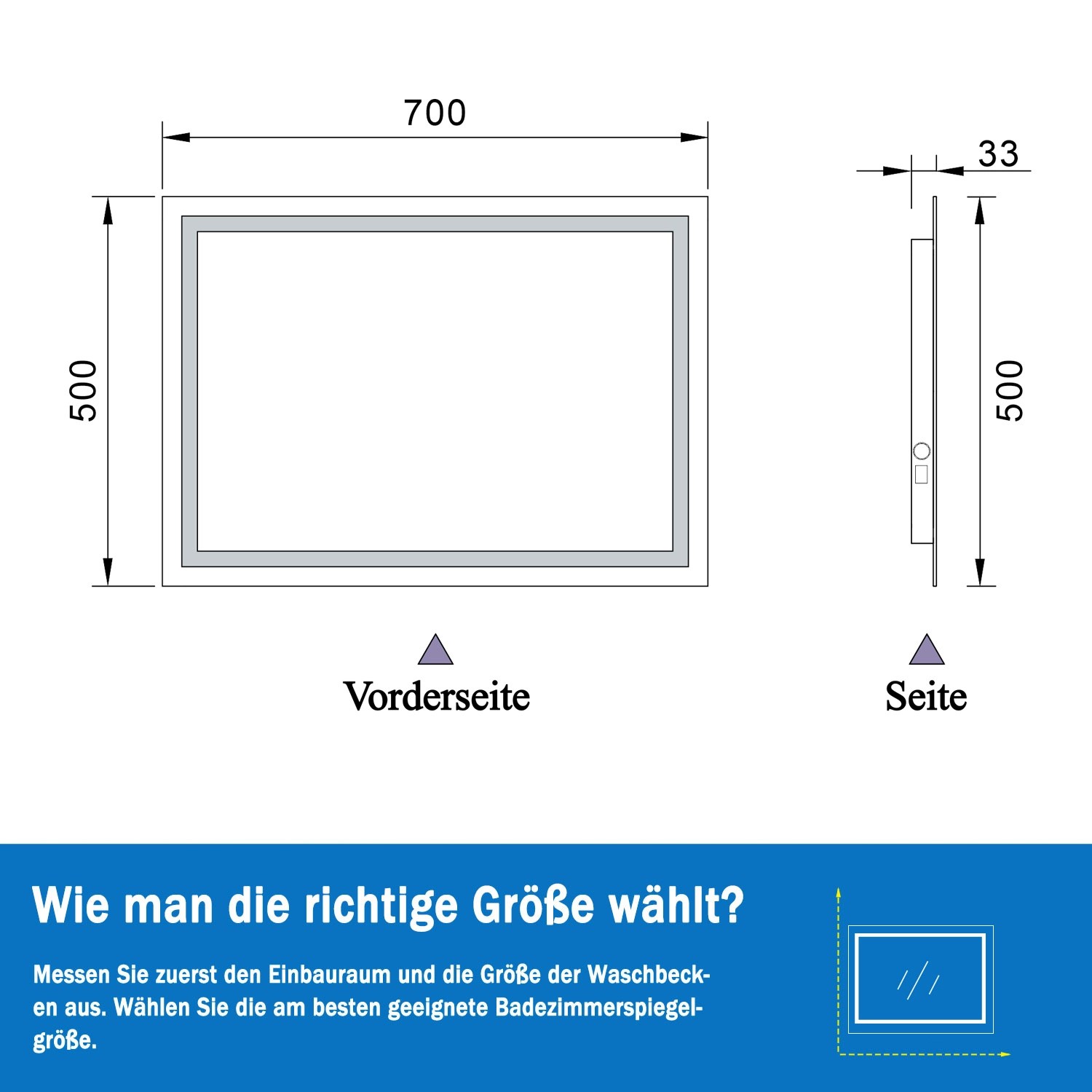Aica Sanitär Badspiegel 70x50 cm Spiegel mit LED Beleuchtung Dreh-Knopf-Wandschalter Drei Lichtfarbe Dimm Memory Neutral-Warm-Kaltweiß Beschlagfrei_8