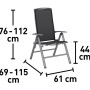 Klappsessel Welsby, verstellbarer Gartenstuhl aus Aluminium in Anthrazit-Grau mit Maßangaben.
