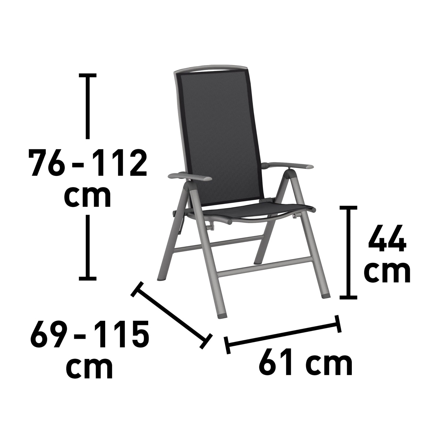 Klappsessel Welsby, verstellbarer Gartenstuhl aus Aluminium in Anthrazit-Grau mit Maßangaben.