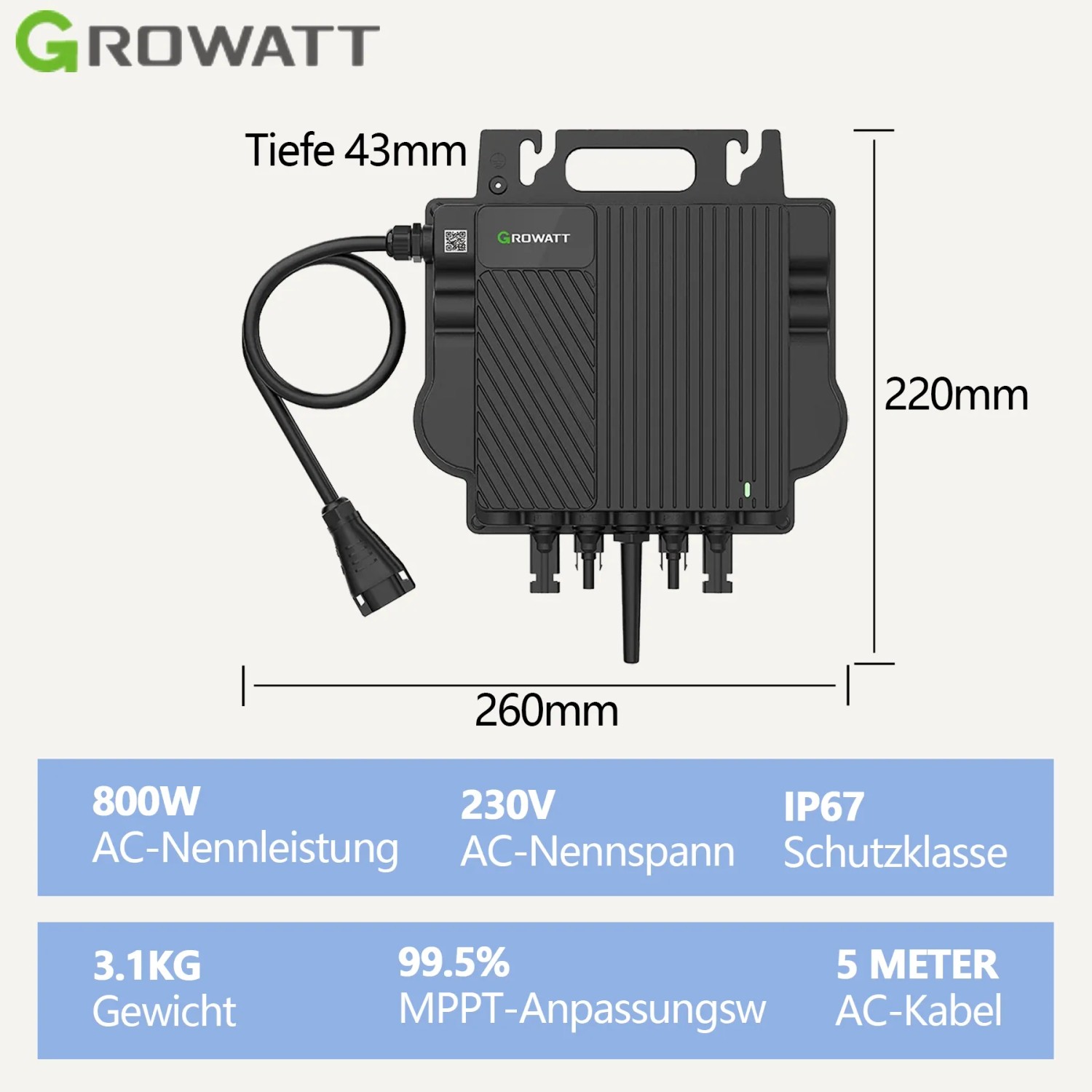 Growatt Neo 800W Microinverter für Balkonkraftwerk mit AC-Kabel und Maßen.