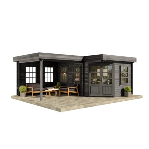 Graues Alpholz Gartenhaus Set Pepe mit Doppeltür, Fenstern, Dacheindeckung und Fußboden.