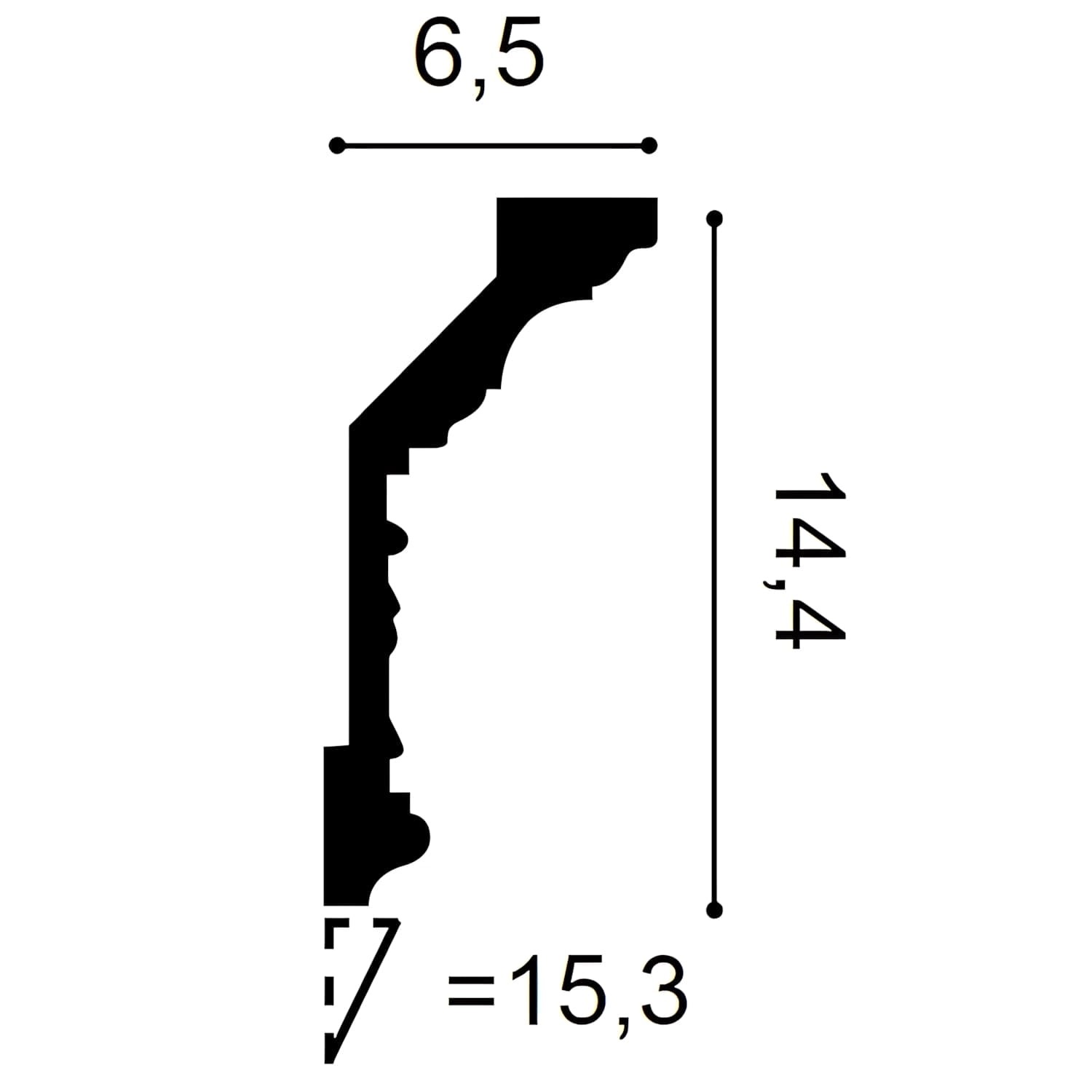 Technische Zeichnung der weißen ORAC DECOR C303 LUXXUS Eckleiste mit Maßangaben.