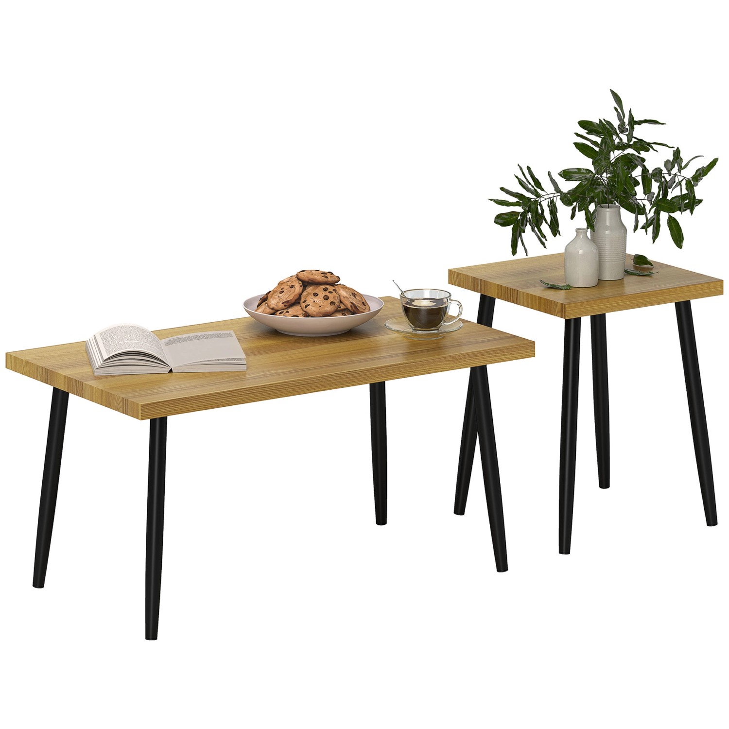 HOMCOM Couchtisch Set  MDF Stahl Naturholz 90L x 50B x 45H cm günstig online kaufen