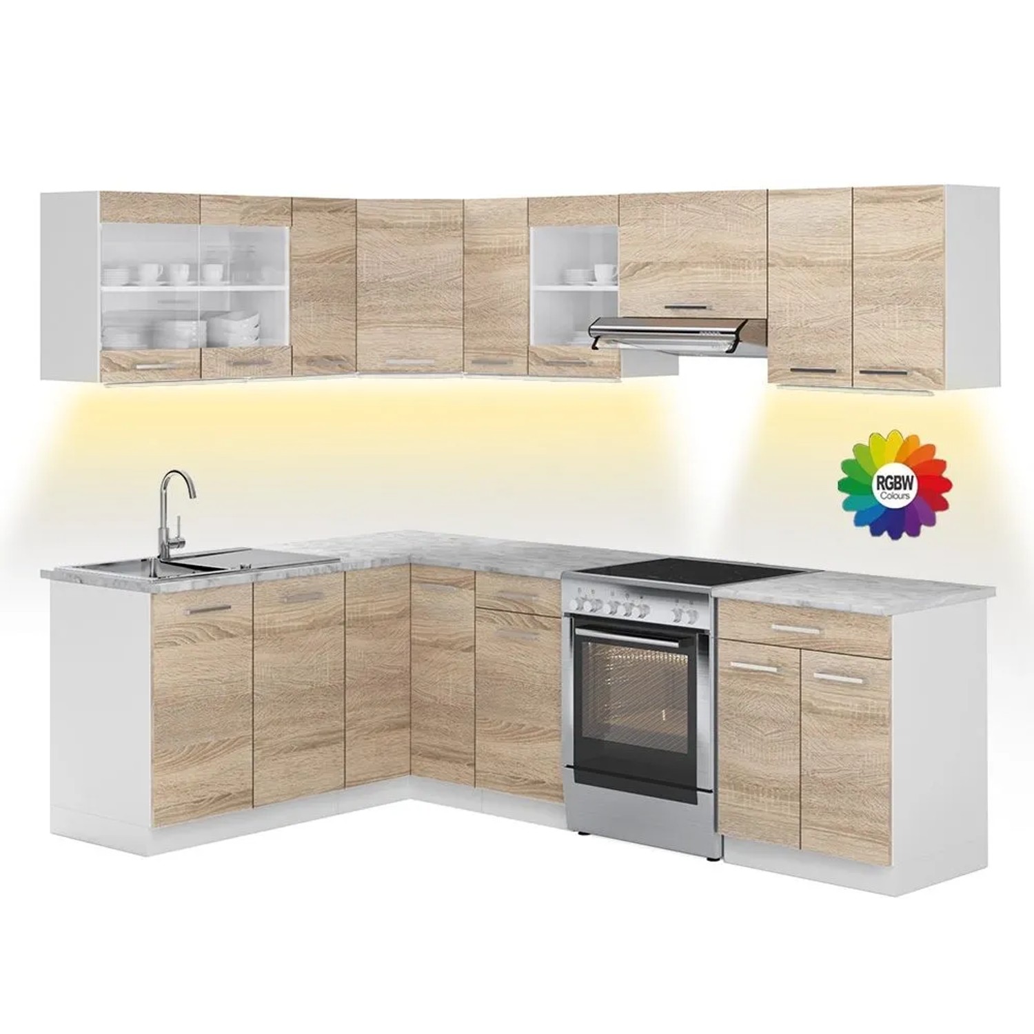 Vicco Eckküche R-Line Sonoma/Weiß 247 x 82, AP Marmor mit LED-Leisten