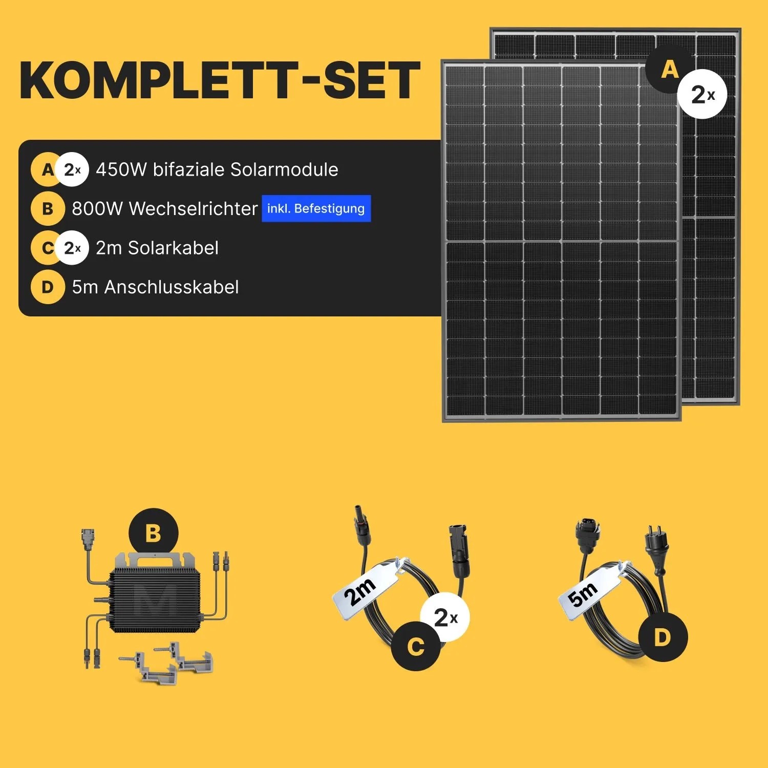 Solakon Balkonkraftwerk Komplettset: 2 Solarmodule, 800W Wechselrichter, 2m Solarkabel, 5m Anschlusskabel. Steckerfertige Solaranlage.