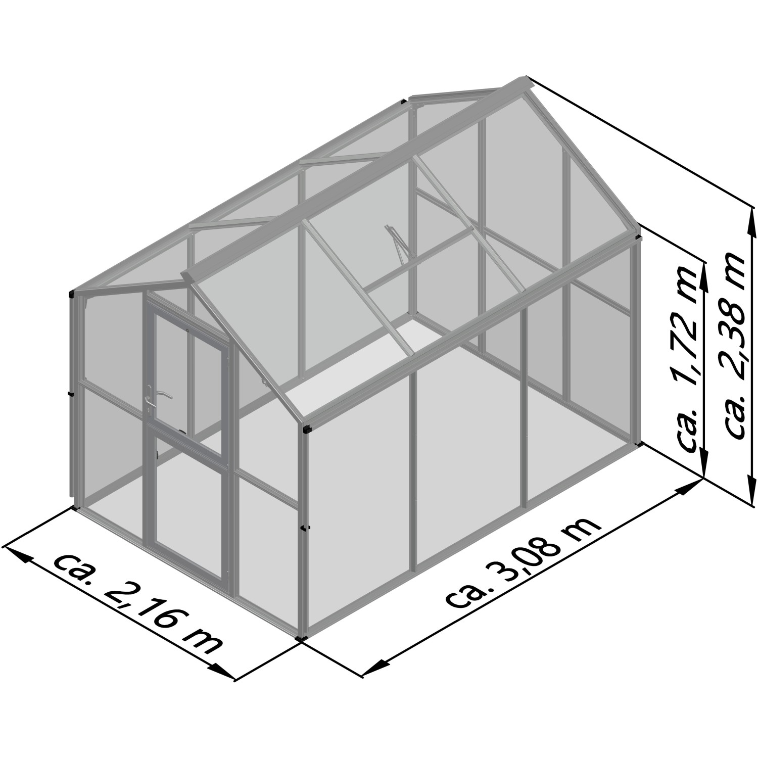 KGT Gewächshaus Galant III, tannengrün, 6,65 m², mit Maßangaben. Ideal für Pflanzenzucht.