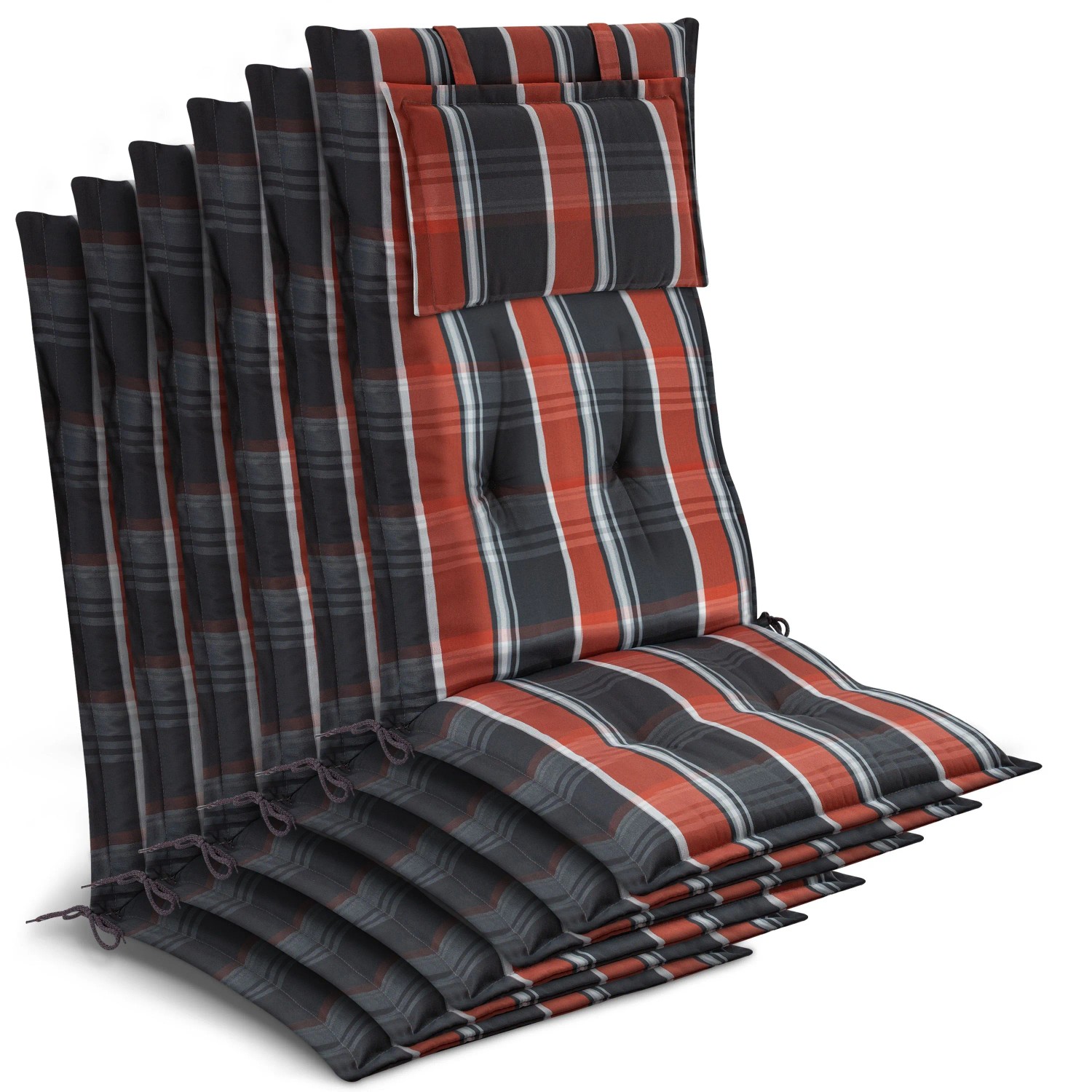 Beautissu 6x Gartenstuhlauflage Hochlehner 120x50x7cm Grau-Orange-Weiß-Kariert