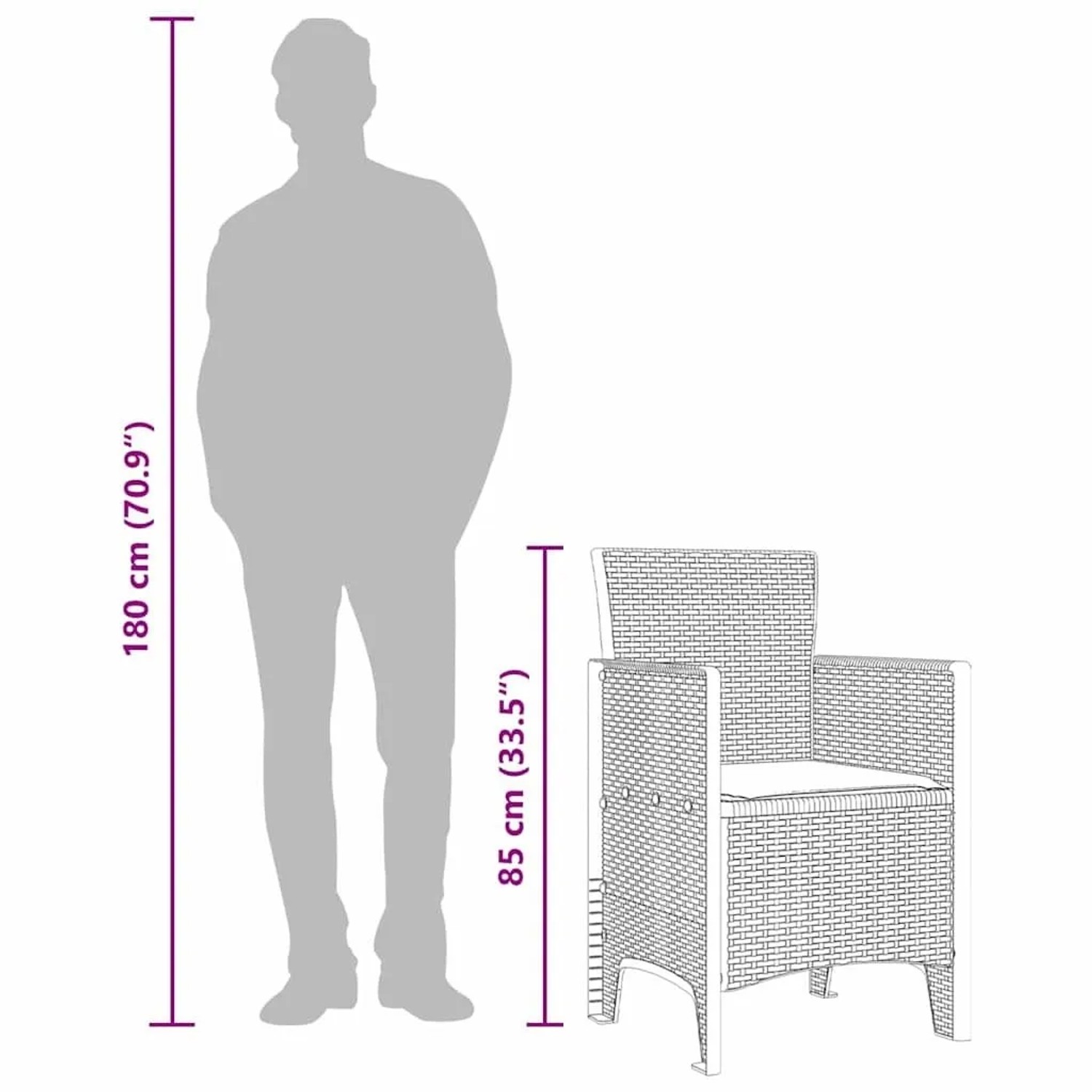 Größenvergleich: Gartenstuhl mit Rattan-Optik, 85 cm hoch, neben einer 180 cm großen Person.
