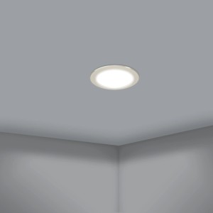 Nickel-matte EGLO LED-Einbauleuchte, rund, dimmbar mit CCT-Farbtemperatur, in Decke montiert. Ø8,6cm.