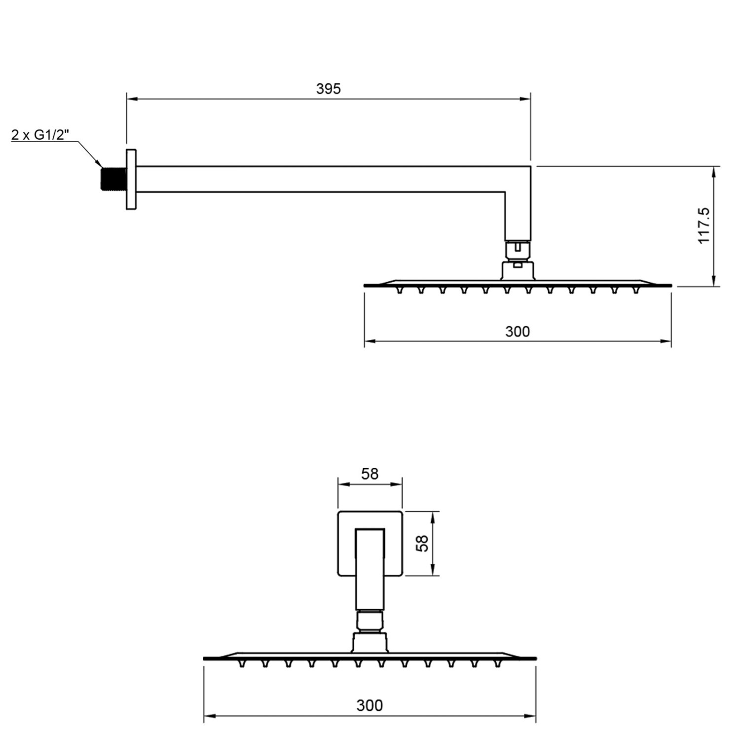 Technische Zeichnung PaulGurkes Duschsystem mit Maßen für Regendusche, Arm und Anschlüsse.