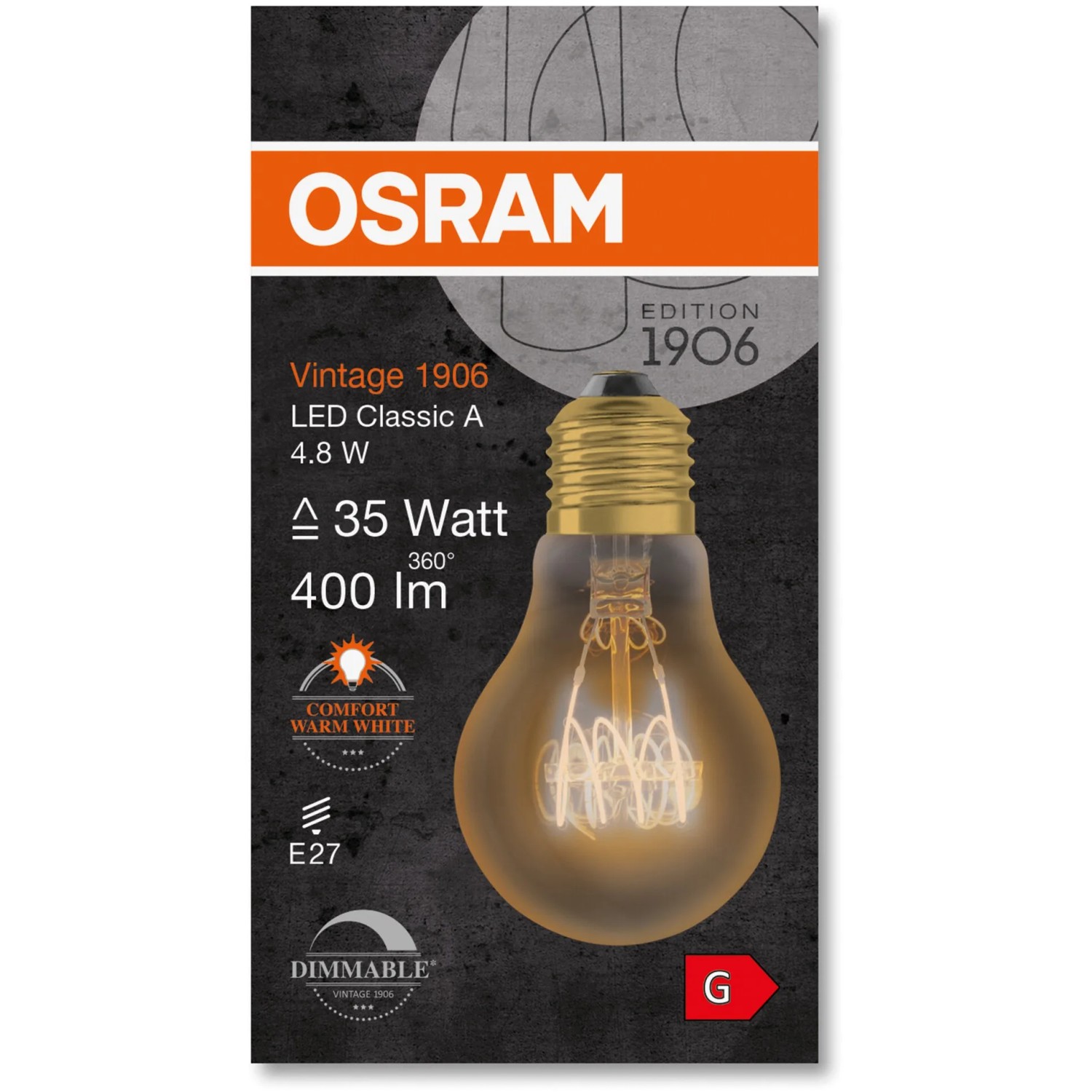 Osram E27 LED-Lampe in Glühlampenform, 4,8W, warmweiß, dimmbar.