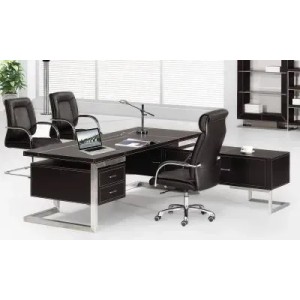 Schwarzer Jet-Line Luxus Schreibtisch Vendig mit Sideboards, Edelstahlgestell, 220x200x75 cm.