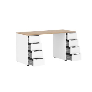 PROREGAL Schreibtisch Kangaroo, Eiche/Weiß, mit 8 Schubladen für Büro/Homeoffice.