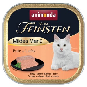 Animonda Katzen-Nassfutter mit Pute und Lachs im Napf, servierfertig.