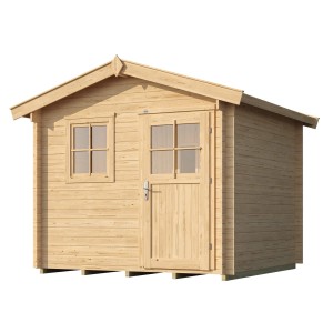 Weka Saunahaus Mikkeli Sparset mit Ofen: Holzhaus mit Fenster und Tür, naturbelassen.