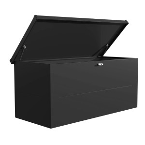 Schwarze Auflagenbox Nevio 180, 185x85 cm, mit geöffnetem Deckel. Ideal zur Aufbewahrung von Gartenkissen.