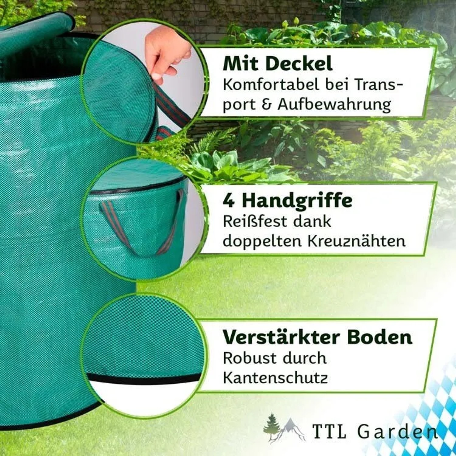 Grüner TTL GARDEN Gartensack mit Reißverschluss-Deckel, stabilen Griffen und verstärktem Boden. Ideal für Laub.
