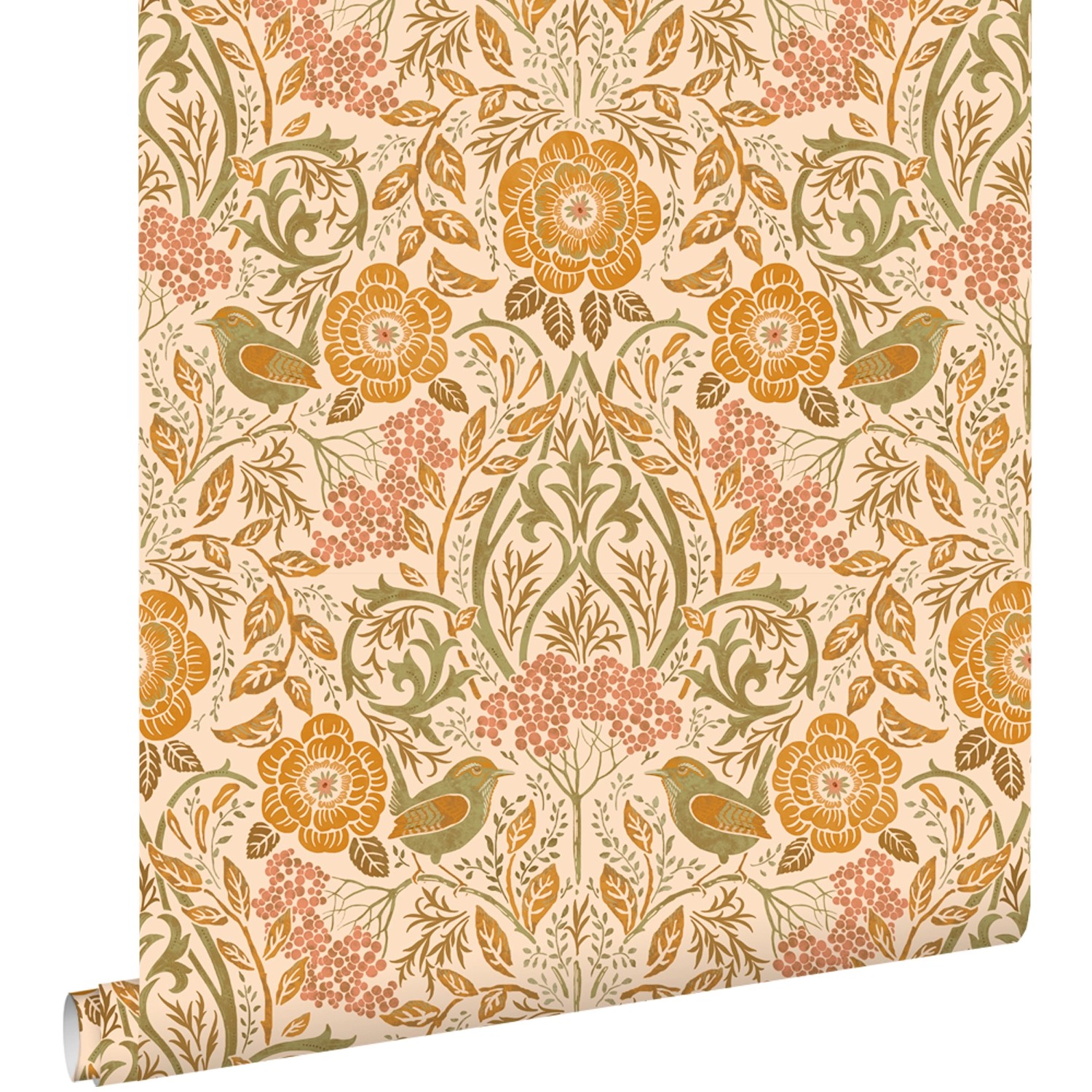 ESTAhome Tapete Blumen und Vögel im Jugendstil Orange und Grün 50 x 900 cm günstig online kaufen