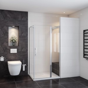 AICA Eckdusche 120x90cm mit Pendeltür, 6mm ESG Glas und Chromprofilen in modernem Badezimmer.