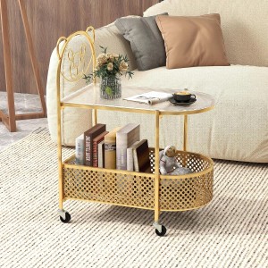 Goldener Beistelltisch mit Glasplatte, 2 Ebenen, Rollen und Bärendesign. Moderner Glastisch für Wohnzimmer.