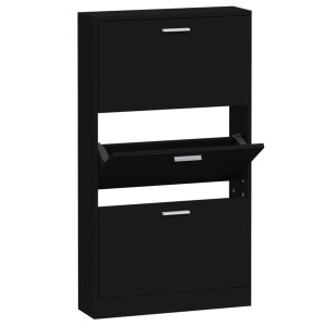 Schwarzer vidaXL Schuhschrank (59x17x108 cm) aus Holzwerkstoff mit drei Klappen.