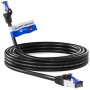 Schwarzes 15m CAT 6a Outdoor Patchkabel mit RJ45 Steckern, S/FTP, PVC+PE Mantel, aufgerollt. Für Netzwerktechnik.