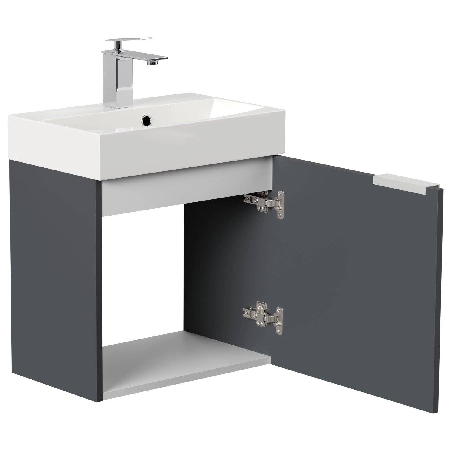 Posseik Badmöbel Cubi Slimline, 50 cm, Grafit, mit offenstehender Tür und Waschbecken.