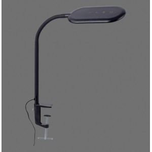 Schwarze LED-Klemmleuchte Kelly von Just Light mit flexiblem Arm und Touchdimmer.
