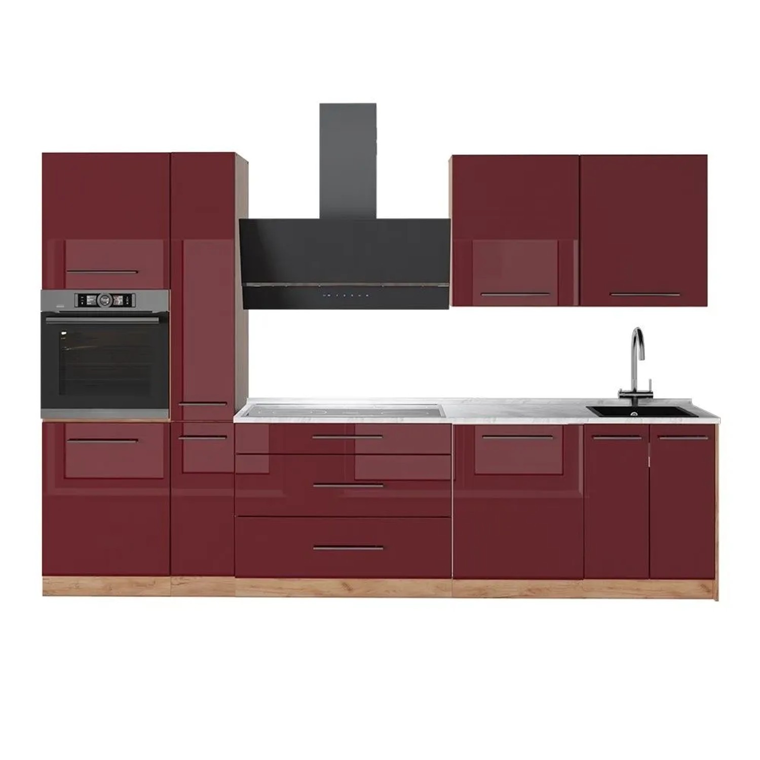 Vicco Küchenzeile Fame-Line Bordeaux Hochglanz/Goldkraft Eiche 310 x 207 AP Marmor Art Nr 64306