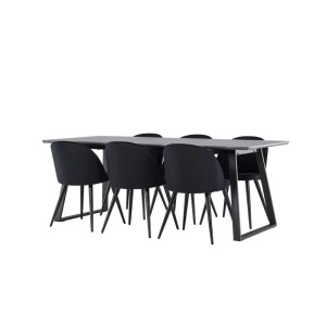 ebuy24 Malaga Essgruppe mit Esstisch in Dunkelgrau und 6 Skagen Stühlen in Velours Schwarz.