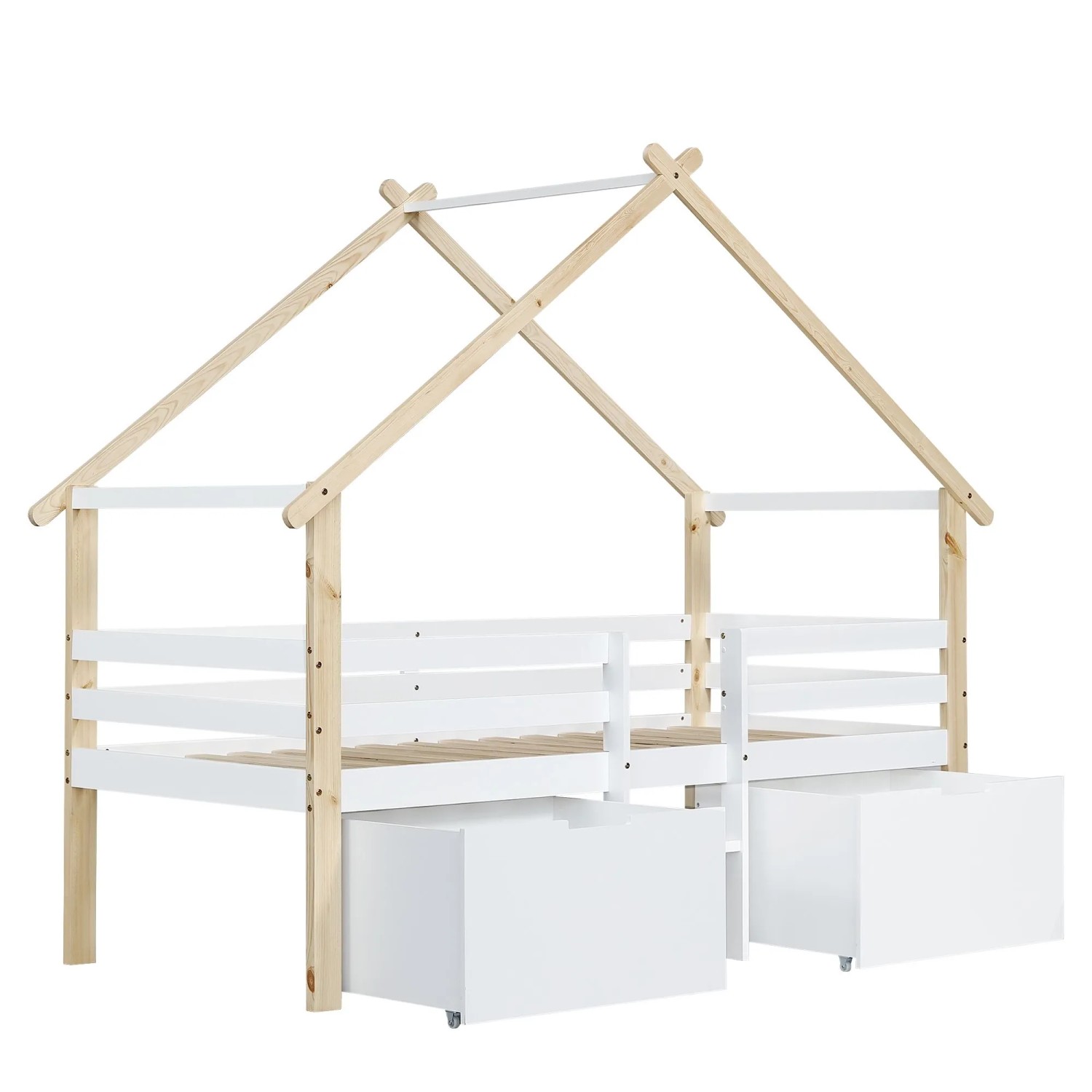 KOMHTOM Kinderbett 90x200Cm Halbhohes Bett Hausbett Mit Dach Vierseitiger Zaun Treppe 2 Schließfächer Mit Rädern Kiefer+Mdf Weiß+Natur