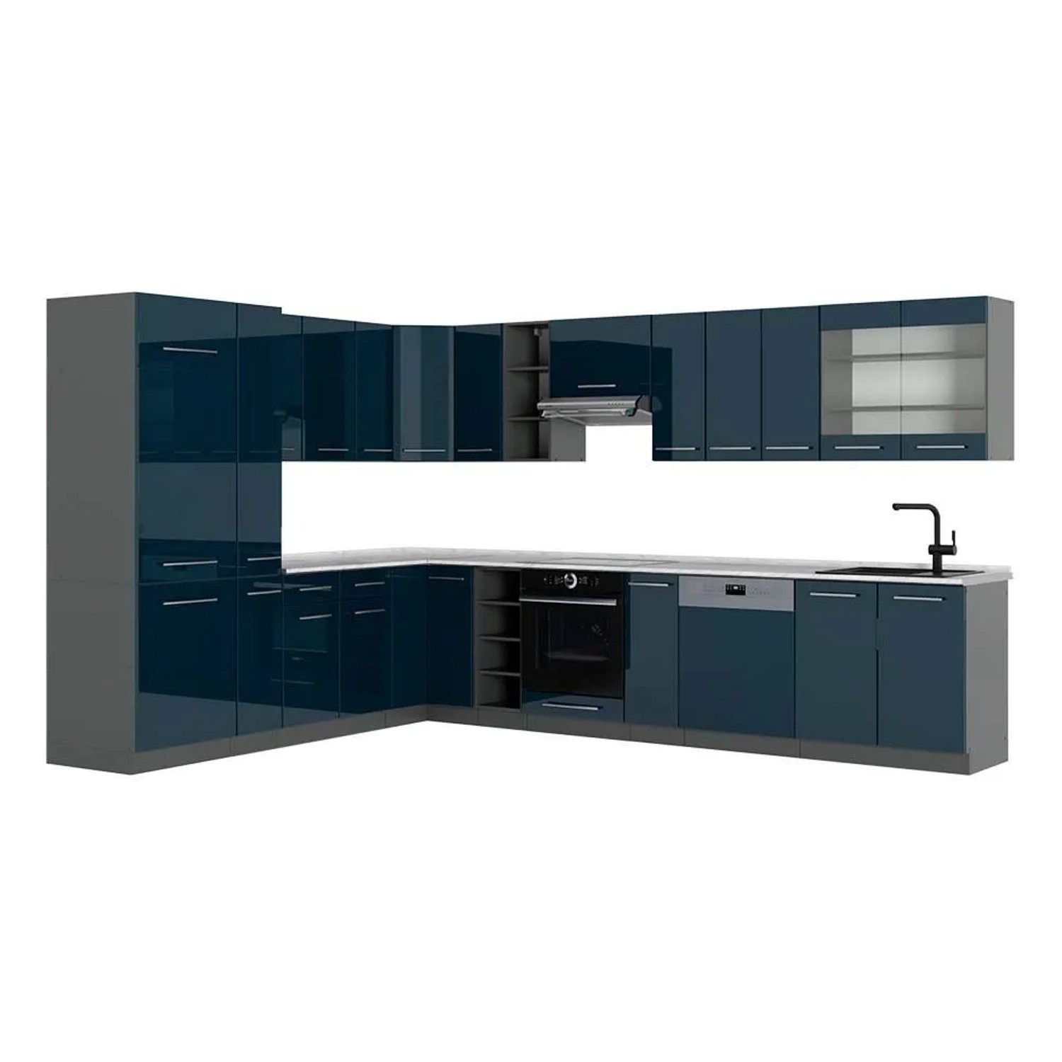 Vicco Eckküche Fame-Line Dunkelblau Hochglanz/Anthrazit 347 x 82, AP Marmor