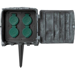 Gartensteckdose in Steinoptik mit 4 Steckdosen und Erdspieß, geöffnet.