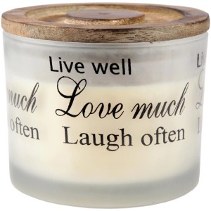 HS Candle Duftkerze XL SPA im Glas mit Holzdeckel, Aufschrift: Live well, Love much, Laugh often.