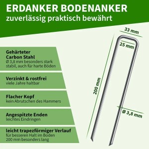 TTL GARDEN 50 x Erdanker 200 x 25 mm Ø 3,8 mm Stahl Verzinkt Bodenanker Heringe für Gartenvlies Unkrautvlies Vogelschutznetz Camping