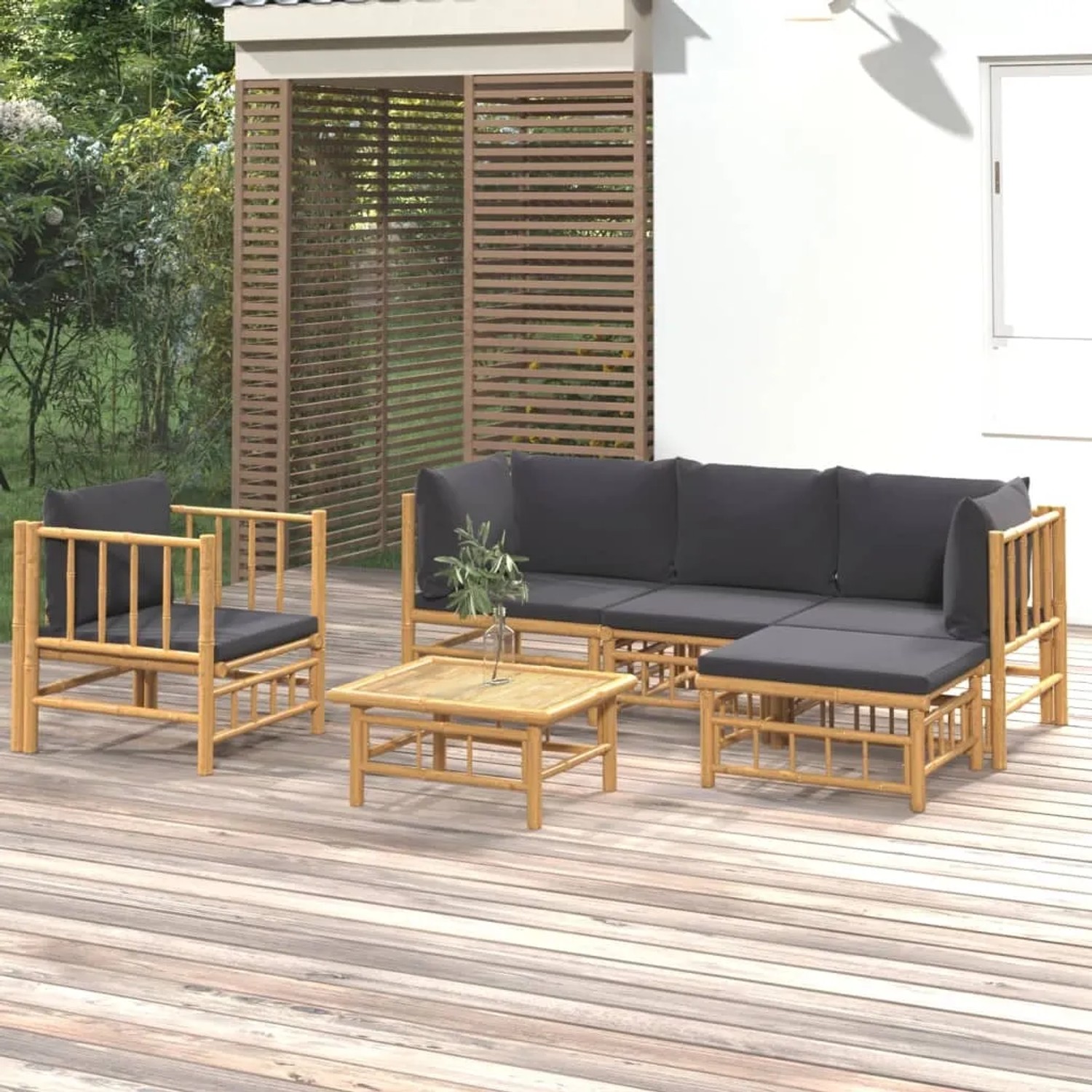 vidaXL Garten-Lounge-Set, 6-teilig, Bambus mit grauen Kissen. Outdoor Möbel für Garten oder Terrasse.