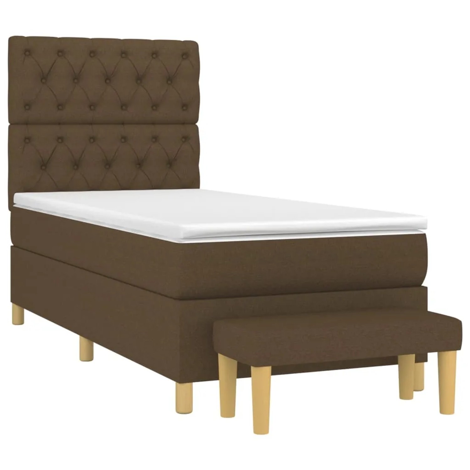 Dunkelbraunes Boxspringbett (80x200 cm) mit Matratze, Kopfteil und Bank. Stoffbezug.