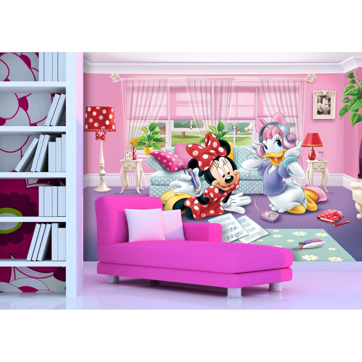 Disney Fototapete: Minnie Maus und Daisy Duck im rosa Kinderzimmer (360x270 cm).