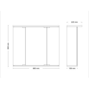 Technische Zeichnung: Jokey Spiegelschrank Funa, 68x60 cm, weiße Front, Maße und Seitenansicht.