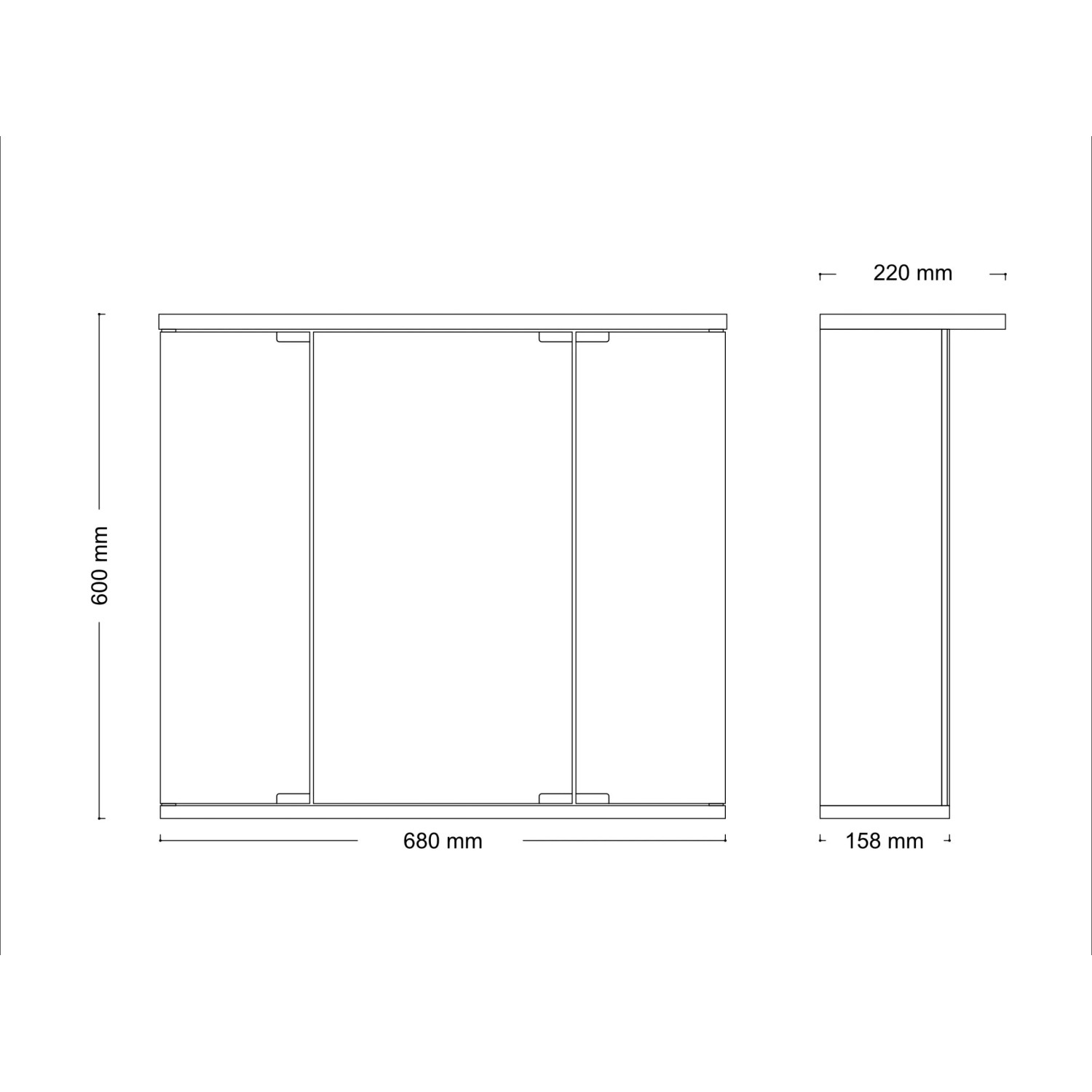 Technische Zeichnung: Jokey Spiegelschrank Funa, 68x60 cm, weiße Front, Maße und Seitenansicht.